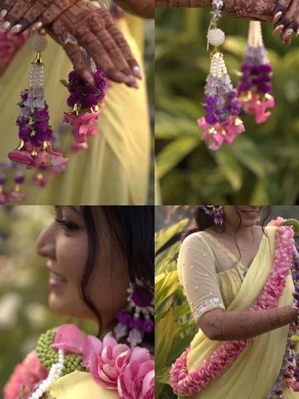 A collage showing the details of this Haldi look, including the floral kalire, earrings, and the beautiful pink flower garland.