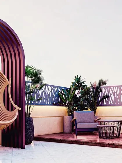 This detail shot from our 3D render highlights a contemporary hanging swing chair set within a stylish arched frame. This element adds a playful yet sophisticated touch to the terrace, providing a unique spot for relaxation.