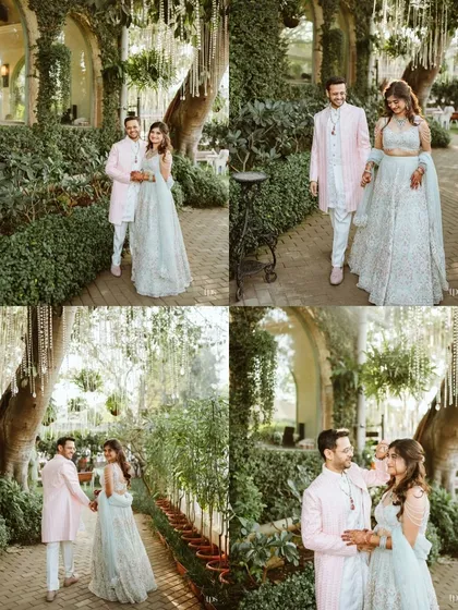 A collage of moments from Avi and Devika's Mehandi and Sangeet ceremony. These images showcase their interactions in the lush, green surroundings of the venue, telling a story of their celebration.