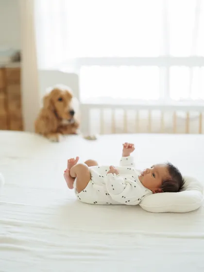 My own little world. This photo from our at-home session shows our dog Luca watching over my son Caden from a distance, already in his role as a protective big brother.
