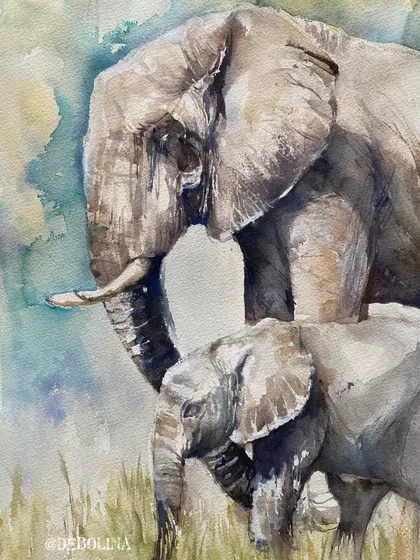 A commissioned watercolor painting of a mother and baby elephant for a friend. While painting this, I fell in love with the gentle and protective nature of these magnificent animals.