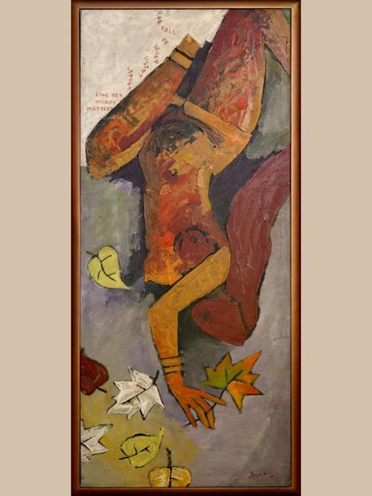 'Autumn' by M.F. Husain. We faced a fascinating dilemma on how to display this piece. We chose to hang it based on the visual narrative, where the figure’s body and the falling leaves align naturally, even though the signature ended up upside down. Sometimes, we choose composition over convention.