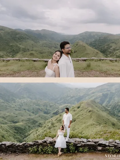 A stunning two-panel shot of Pooja and Gaurav against the epic backdrop of the Aravalli hills in Udaipur.