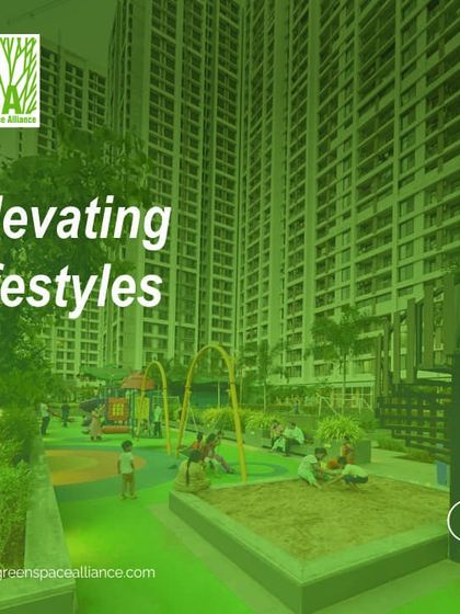 Even in high-density housing, we design landscapes that elevate lifestyles. This playground, set against a backdrop of residential towers, provides a safe and vibrant space for children to play, contributing to a family-friendly community environment.