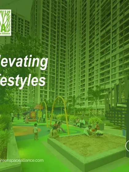 A children's play area nestled within a high-rise residential complex. We design these spaces to be safe, engaging, and surrounded by greenery, providing an essential amenity that elevates the lifestyle for families in urban environments.