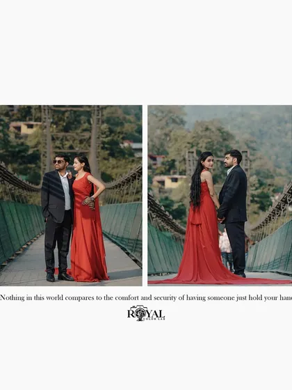A diptych showing a couple in formal wear on the bridge, capturing both a wide shot and a more personal, hand-holding moment.