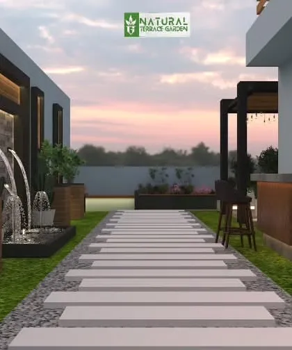 A long-view render of the Pratap Nagar concept, featuring a pathway and water features.