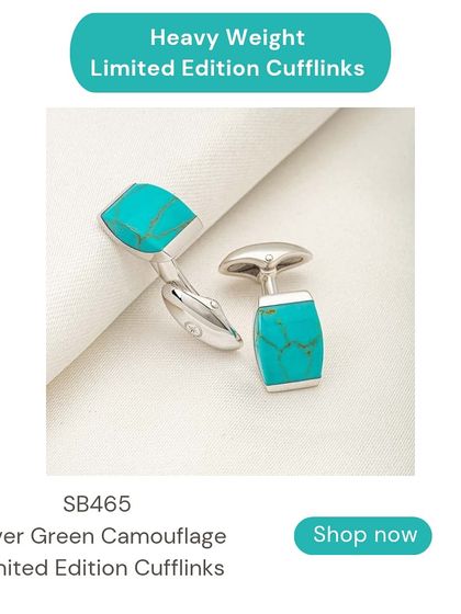 These limited edition cufflinks feature a vibrant green camouflage pattern set in 92.5 silver. They are a unique and stylish accessory to add a pop of color to a formal shirt.