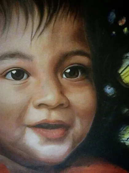 An early stage of the 'Dewdrops' commissioned portrait. Here, I am blocking in the main features and establishing the warm skin tones before moving on to the finer details and the water droplet effect.