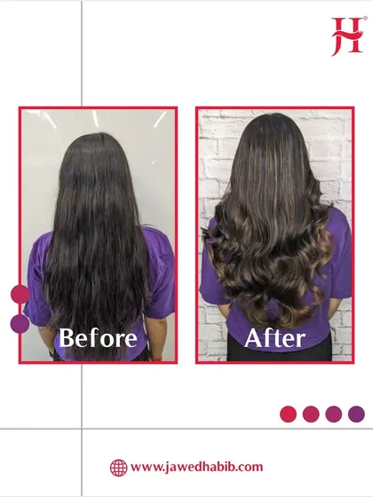 A beautiful example of adding volume and life to long hair. The 'before' shows straight, flat hair, while the 'after' reveals gorgeous, bouncy waves and subtle highlights that create depth and movement.