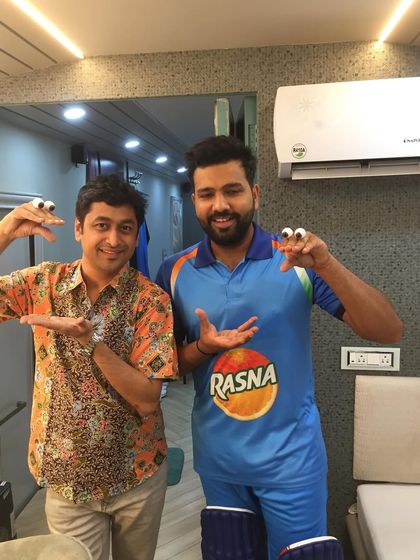 On set with Indian cricket captain Rohit Sharma for a Rasna ad film. It was great fun teaching him some simple hand puppetry for the shoot.