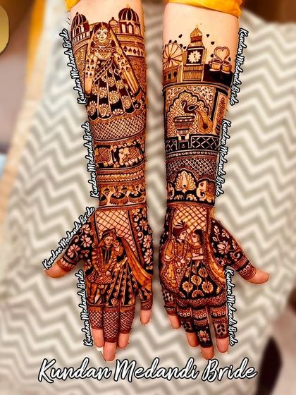 This design is a mix of personal and traditional elements. It includes a bride in her doli, a London cityscape, and a couple portrait, telling the bride's unique story.