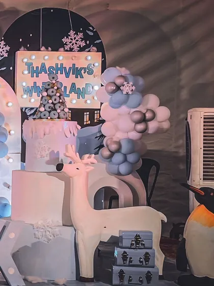 More details from the winter wonderland theme, including a reindeer prop and a custom-lit sign for "Thashvik's Winter Land".