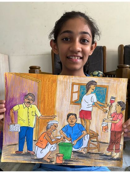 An intermediate grade exam student holds her memory drawing of a house being painted. These scenes require drawing multiple figures performing different actions.