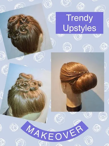 A collage of trendy upstyles on mannequins, including a classic chignon and a more complex, twisted bun. These styles showcase elegant options for formal wear.