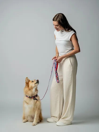 This image captures a quiet moment of connection between a person and a pet. The model is adjusting the leash, and the dog is looking up attentively. It’s these small, genuine interactions that make for compelling pet product lifestyle photography.