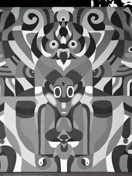 A piece from our new series 'Aab' (water), which explores the theme of water conservation. This monochrome canvas uses abstract, symmetrical forms to represent the life-giving and spiritual nature of water.