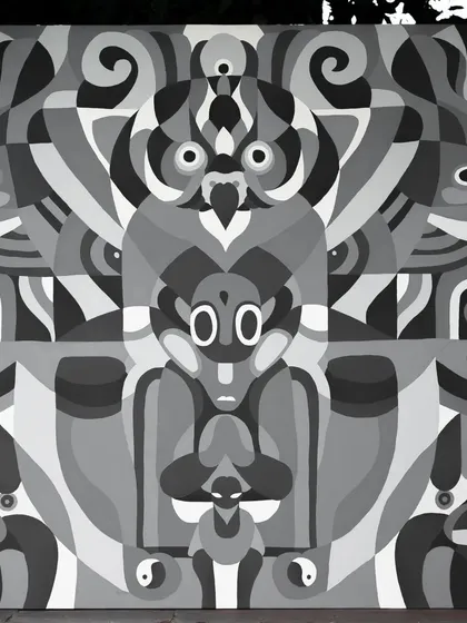 A piece from our new series 'Aab' (water), which explores the theme of water conservation. This monochrome canvas uses abstract, symmetrical forms to represent the life-giving and spiritual nature of water.