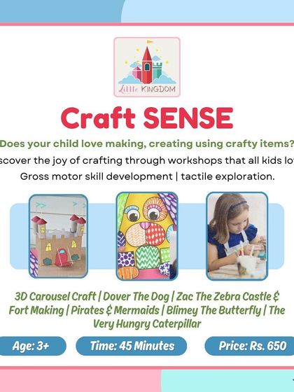 Our "CraftSENSE" workshops are perfect for tactile exploration. This graphic details some of the fun projects available, like 3D carousel making and castle building.