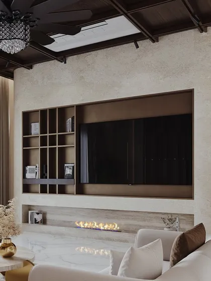 A detailed shot of the integrated entertainment and fireplace unit. The visualization highlights the clean lines and the warm, ambient glow of the linear flame, showcasing a blend of function and elegance.