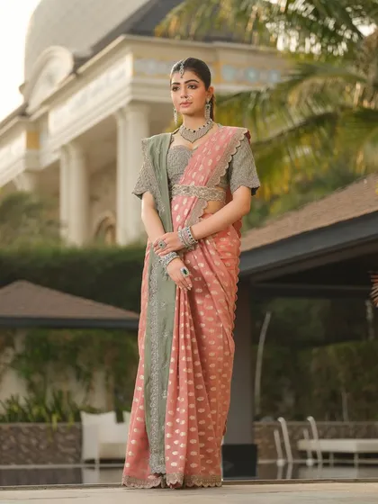 An elegant saree look from Jayanti Reddy Label. I love the unique color combination of dusty pink and sage green, and I draped it to create a modern yet traditional silhouette.