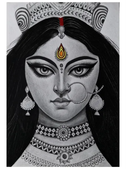 A pencil portrait of Devi Maa, where I aimed to capture the intensity and compassion in her eyes. The drawing is mostly black and white, with detailed line work on her crown and jewelry, but a colored bindi draws focus to her powerful gaze.