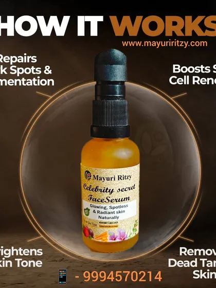 This is my top-selling Celebrity Secret Face Serum, and I am so proud of it. I've packed it with seven natural oils and herbal extracts to repair dark spots, brighten your skin tone, and give you a beautiful glow. It is completely handmade and works wonders on pigmentation and tanned skin.