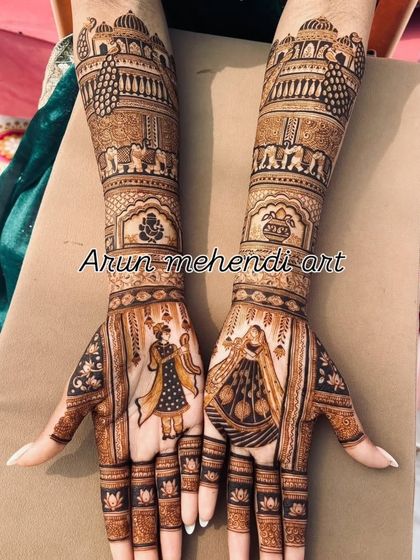 A classic bride and groom portrait design, with lotus details on the fingers and traditional motifs on the arms.