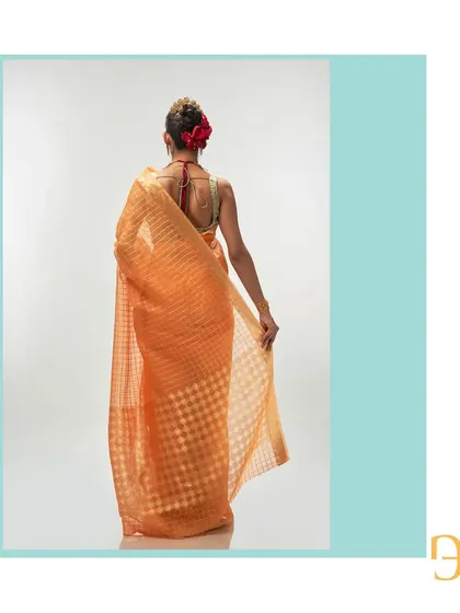 Another look at the back of the orange iced tea saree, highlighting its warm color and lightweight feel.