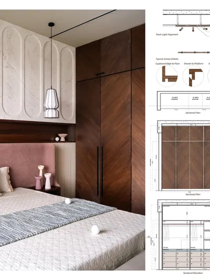 The joinery details for the master bedroom wardrobe, showing the chevron-patterned veneer and the seamless integration of storage, which is key to our minimalist approach.