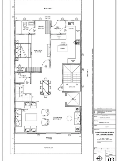 The ground floor plan for the Gurgaon duplex, featuring a large drawing area, a dining space, and a bedroom. The plan clearly defines public and private zones within the home.