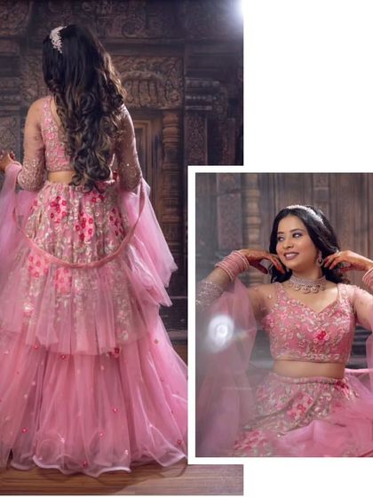 Pretty in pink. This tiered ruffle lehenga is a modern and playful choice for a bridesmaid or for a fun pre-wedding event. The matching jewellery is also available for rent.