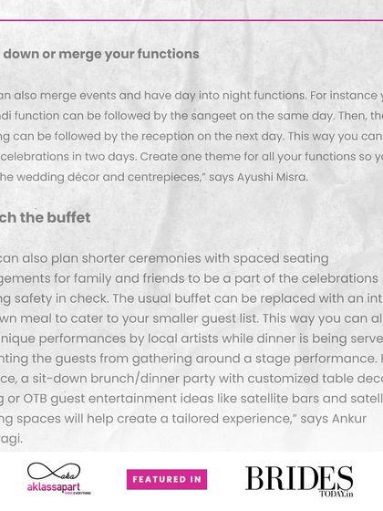 The article also covered tips on merging functions and ditching the traditional buffet for a more intimate sit-down meal.