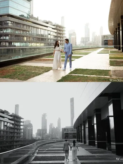 A diptych showing the couple against a stunning Mumbai city skyline. The contrast between the color and black and white versions highlights the dramatic architecture and the couple's walk together.