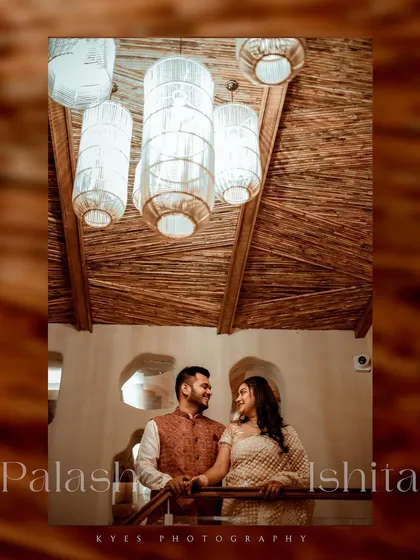 Using the venue's architecture to frame the couple. The warm tones and beautiful overhead lights at this Roka ceremony created a cozy and romantic atmosphere for Palash and Ishita's portrait.