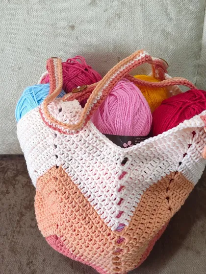 I designed this bag to be the perfect carry-all for my yarn and works-in-progress. You can see how much it holds. It’s a practical project that you’ll use again and again.