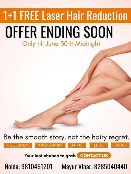 Be the smooth story, not the hairy regret. This is your last chance to take advantage of our 1+1 Free offer on laser hair reduction for various body parts.