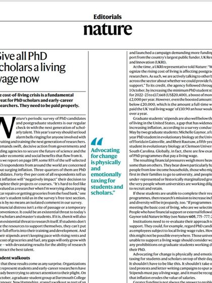 A powerful editorial from Nature titled "Give all PhD scholars a living wage now." Financial distress is an existential threat to research, and this is a conversation we must have.