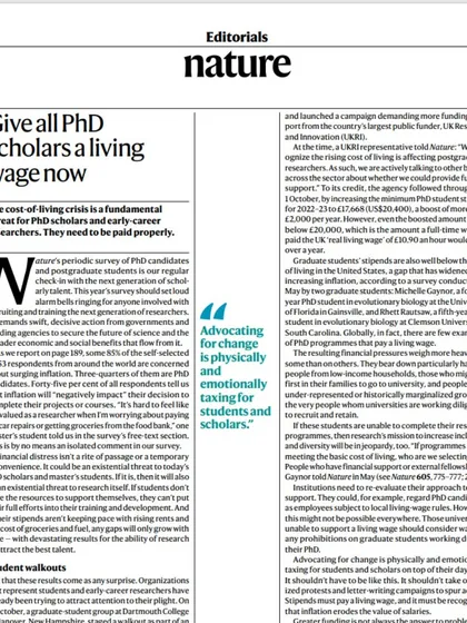 This editorial from Nature, "Give all PhD scholars a living wage now," is a much-needed call to action. Financial distress is a fundamental threat to early-career researchers and to the future of research itself.