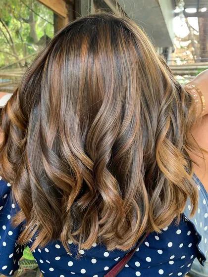 The back of this short, wavy bob with non-bleach highlights. It's a chic and stylish look that's easy to maintain.