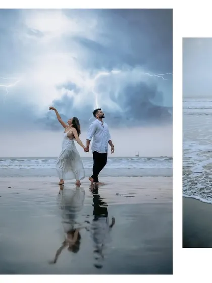 A collage featuring the dramatic lightning shot alongside more intimate poses. It shows how we can capture both epic and personal moments in one session.