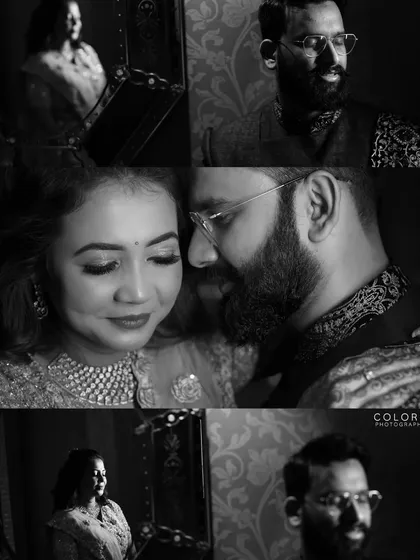 A black and white collage of moody and intimate portraits from the couple's reception.