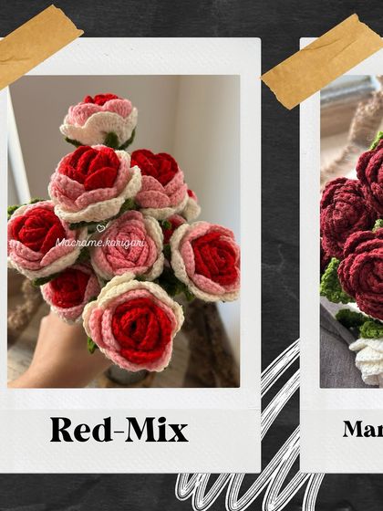 A bouquet of our red-mix crochet roses, featuring shades of deep red and soft pink. This combination creates a beautiful gradient effect.
