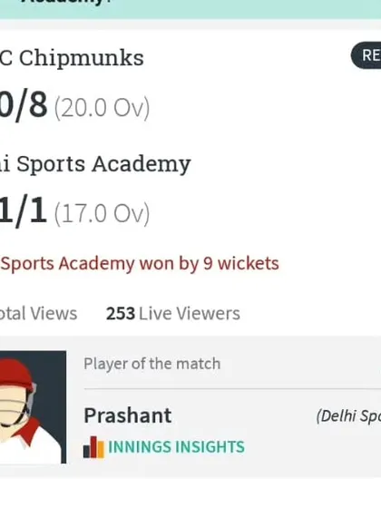 The results speak for themselves. This scorecard shows a dominant 9-wicket victory for our U-12 team in the Junior Cup, chasing down the target with overs to spare. We don't just practice, we compete and win.