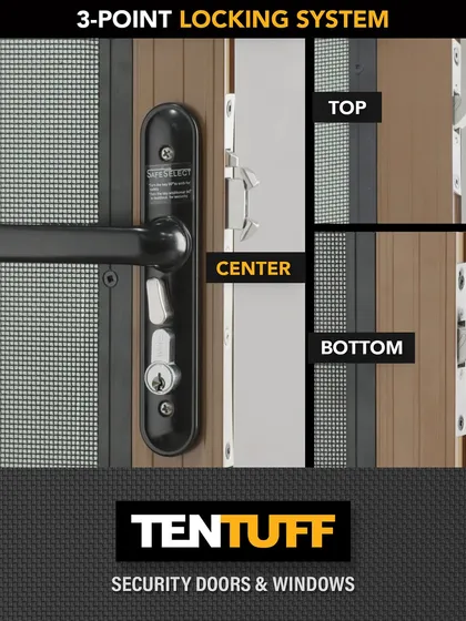At the core of our security is the 3-Point Locking System. With a single turn, the door is secured at the top, middle, and bottom, creating a uniform, fail-proof grip. This detailed view shows the robust mechanism, including the jemmy-resistant plate, that makes our doors a formidable barrier against forced entry.