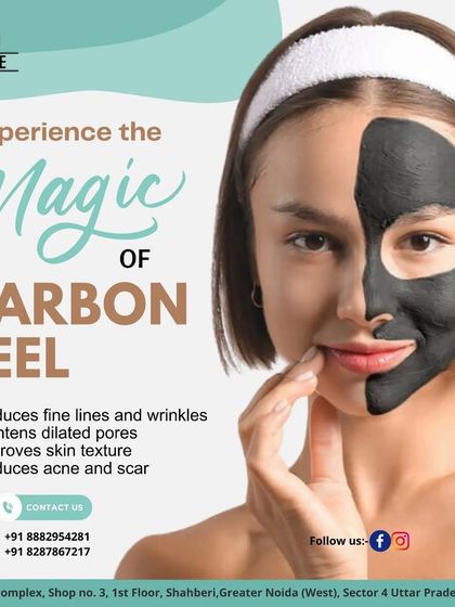Experience the magic of a Carbon Peel. This graphic highlights its ability to reduce fine lines, tighten pores, improve skin texture, and reduce acne and scars.