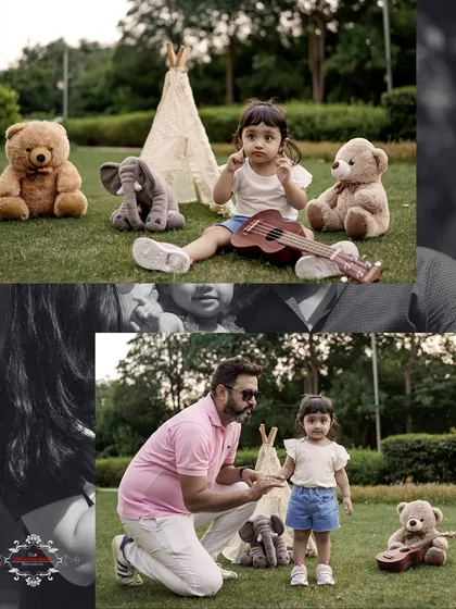 This collage captures a fun, outdoor picnic theme with a teepee, teddy bears, and a father-daughter moment.