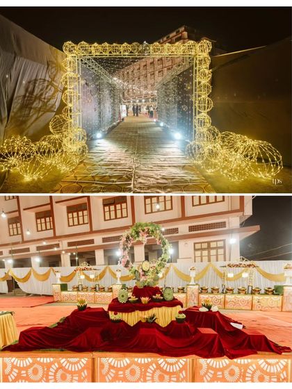 Grandeur in every detail. The light tunnel entrance and the lavishly decorated red and gold fruit buffet show our commitment to creating a visually stunning experience from start to finish.