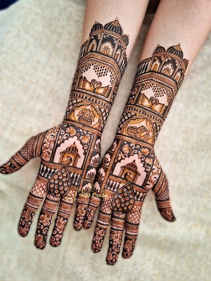 A stunning example of a heavy siders design. This piece features intricate architectural motifs, including domes and arches, with graceful swans and peacocks woven into the pattern.