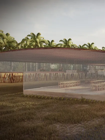 The pavilion's semi-transparent screen facade allows for views out into the landscape while maintaining a sense of enclosure. This design choice ensures the building feels light and connected to its environment, rather than being a solid, imposing mass.